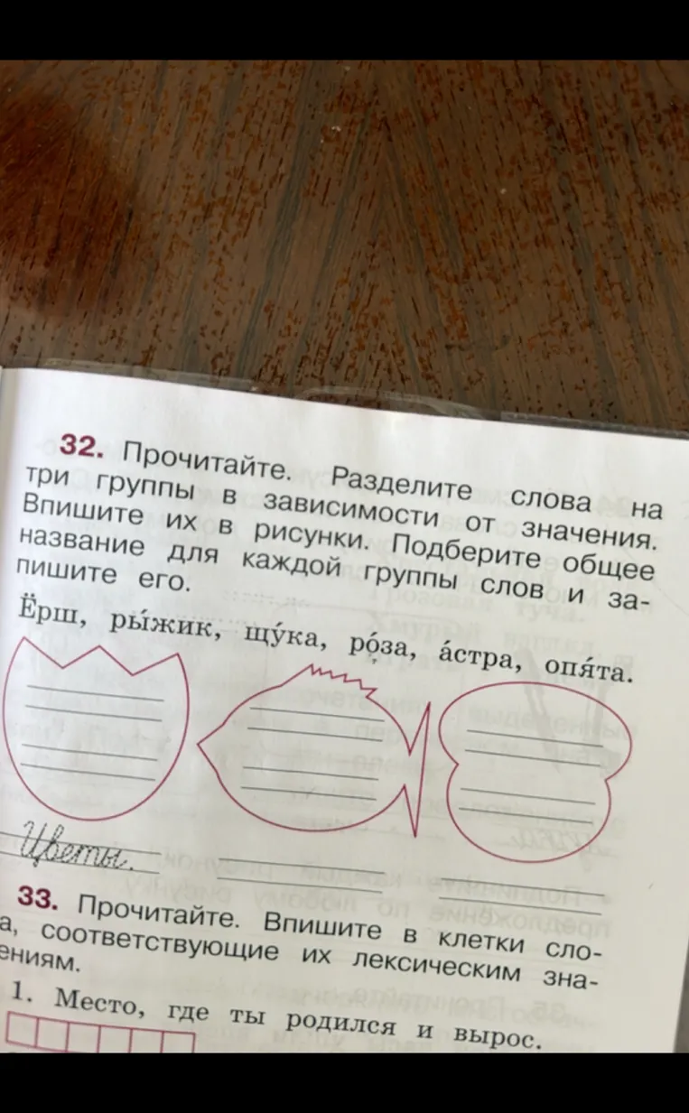 32. Прочитайте. Разделите слова на три группы в зависимости от значения. Впишите их в рисунки. Подберите общее название для каждой группы слов и запишите его.