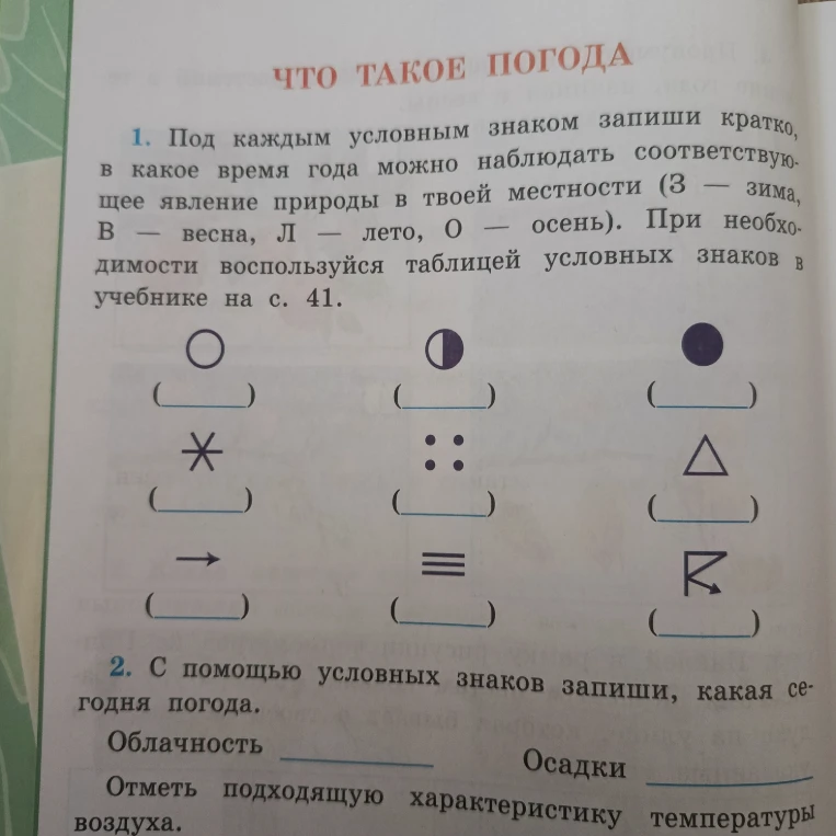 1. Под каждым условным знаком запиши кратко, в какое время года можно наблюдать соответствующее явление природы в твоей местности (З — зима, В — весна, Л — лето, О — осень).