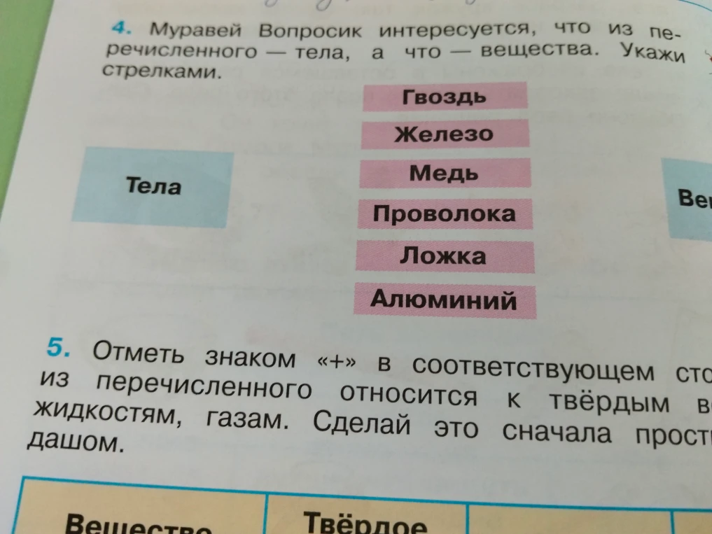 4. Муравей Вопросик интересуется, что из перечисленного — тела, а что — вещества. Укажи стрелками.