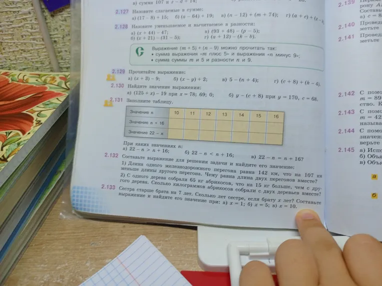 2.131 Заполните таблицу. При каких значениях n: а) 22 - n > n + 16; б) 22 - n < n + 16; в) 22 - n = n + 16?