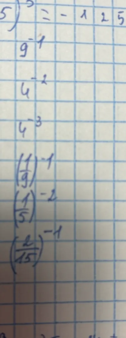 Вычислите значения выражений: 9^-1, 4^-2, 4^-3, (1/9)^-1, (1/5)^-2, (2/15)^-1.