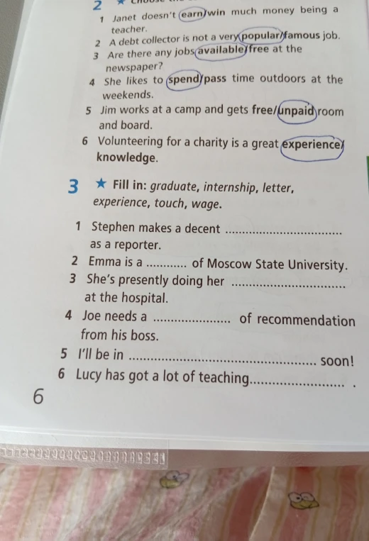 Fill in: graduate, internship, letter, experience, touch, wage.