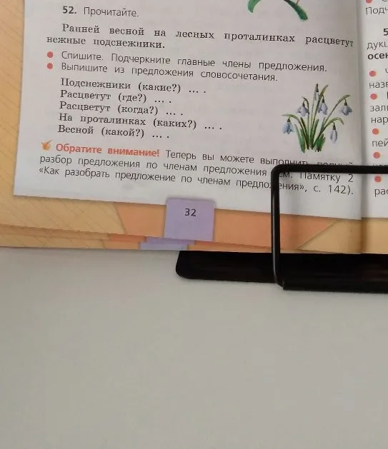 52. Прочитайте. Ранней весной на лесных проталинках расцветут нежные подснежники. Спишите. Подчеркните главные члены предложения. Выпишите из предложения словосочетания.