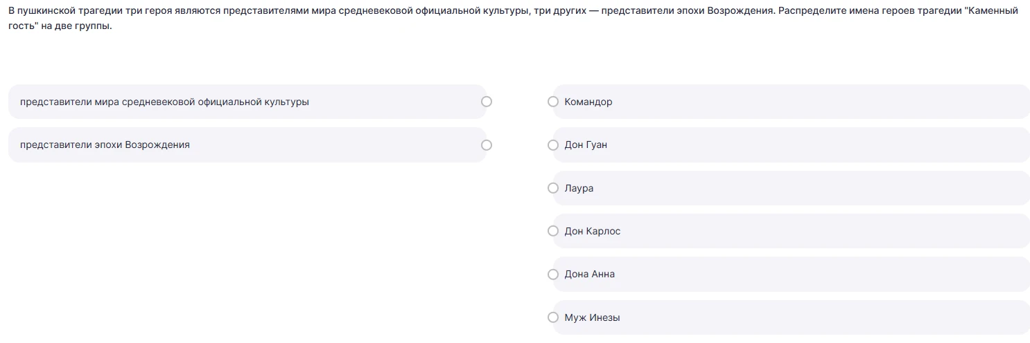 В пушкинской трагедии три героя являются представителями мира средневековой официальной культуры, три других — представители эпохи Возрождения. Распределите имена героев трагедии "Каменный гость" на две группы.