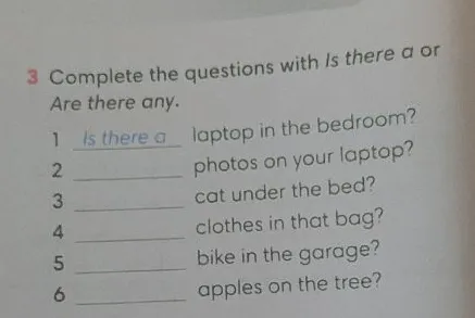 Complete the questions with Is there a or Are there any.
