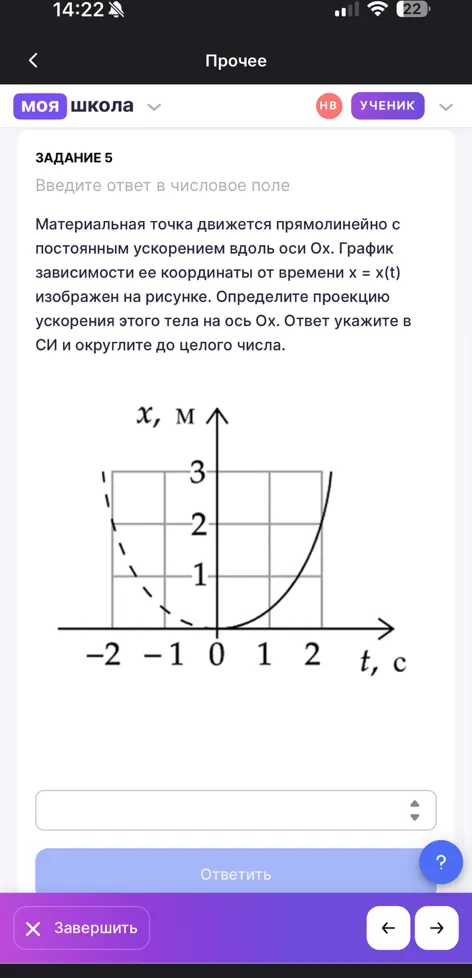 Материальная точка движется прямолинейно с постоянным ускорением вдоль оси Ох. График зависимости ее координаты от времени x = x(t) изображен на рисунке. Определите проекцию ускорения этого тела на ось Ох. Ответ укажите в СИ и округлите до целого числа.