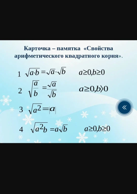 Карточка-памятка «Свойства арифметического квадратного корня».