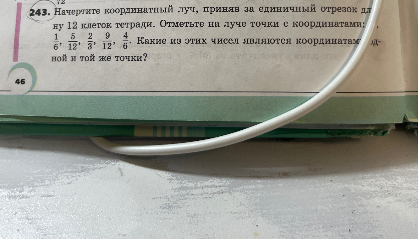 243. Начертите координатный луч, приняв за единичный отрезок длину 12 клеток тетради. Отметьте на луче точки с координатами: 1/6, 5/12, 2/3, 9/12, 4/6. Какие из этих чисел являются координатами одной и той же точки?