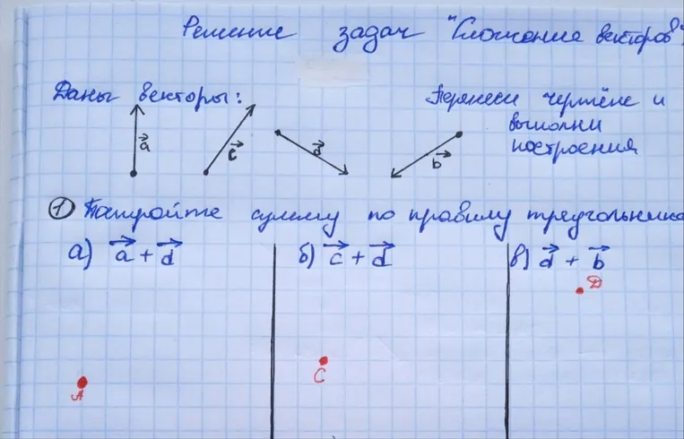 Постройте сумму по правилу треугольника: а) вектор a + вектор d, б) вектор c + вектор d, в) вектор d + вектор b.