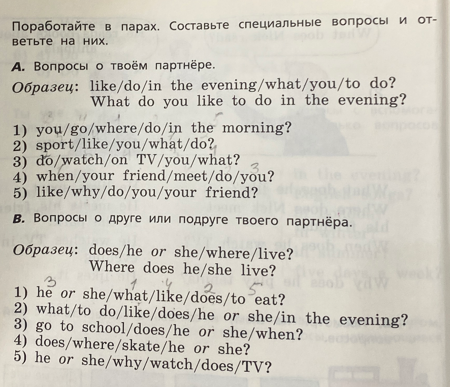Поработайте в парах. Составьте специальные вопросы и ответьте на них.