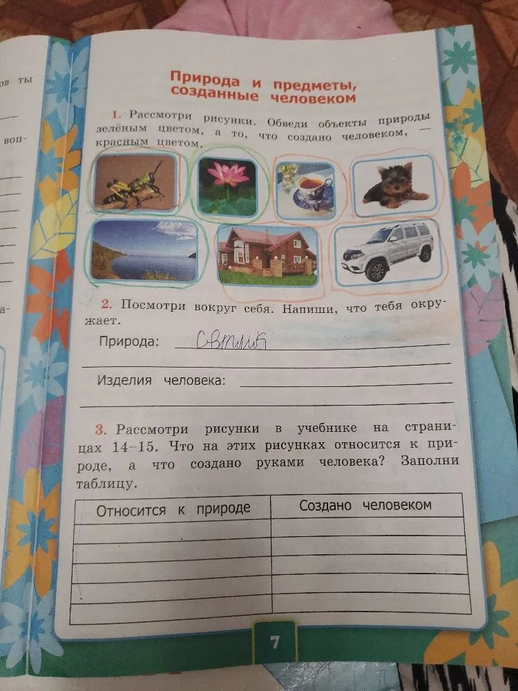 Рассмотри рисунки. Обведи объекты природы зелёным цветом, а то, что создано человеком, — красным цветом.