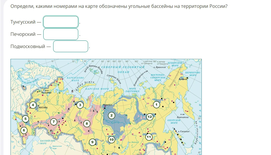 Определи, какими номерами на карте обозначены угольные бассейны на территории России?