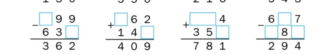 Вставь пропущенные цифры: 999 - 637 = 362, 262 + 147 = 409, 424 + 357 = 781, 677 - 383 = 294.