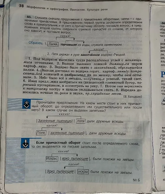 85. Спишите сначала предложения с причастными оборотами, затем — с одиночными причастиями.