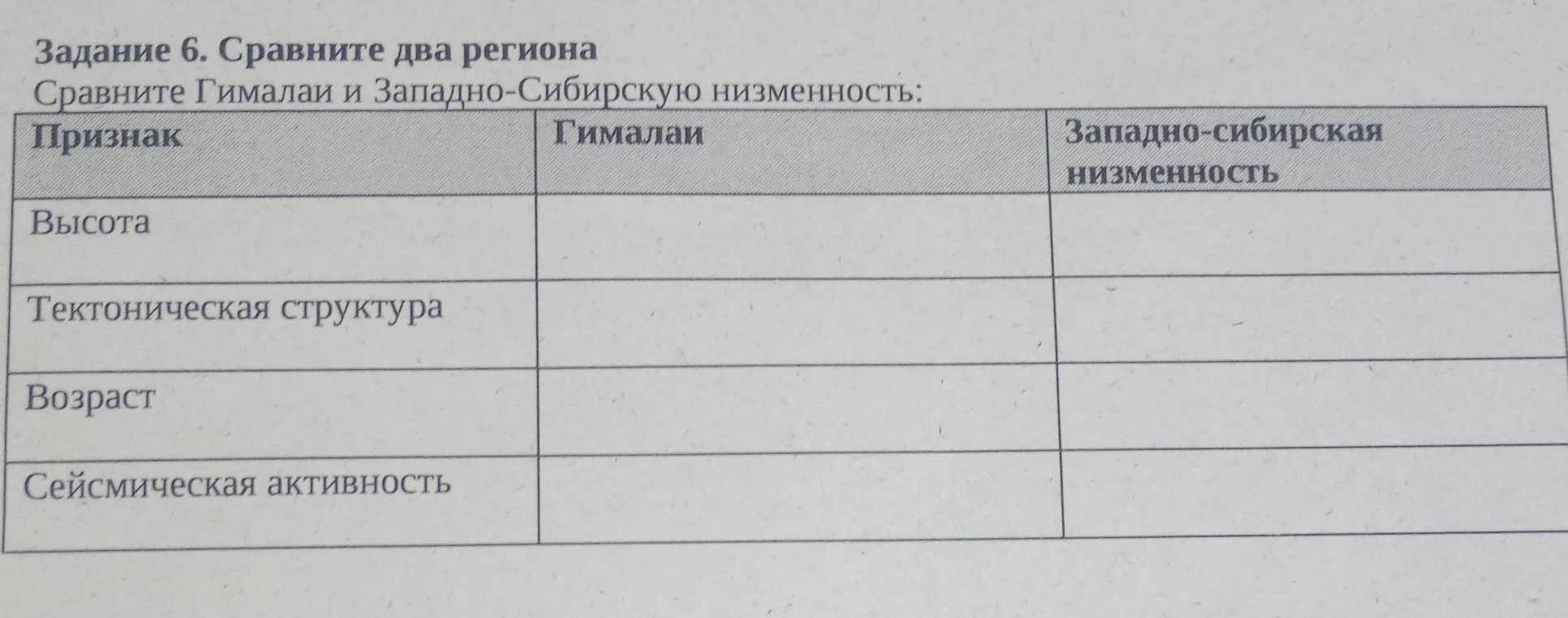 Задание 6. Сравните два региона Сравните Гималаи и Западно-Сибирскую низменность: