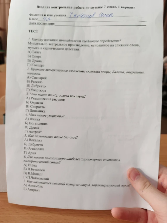 Входная контрольная работа по музыке 7 класс. 1 вариант