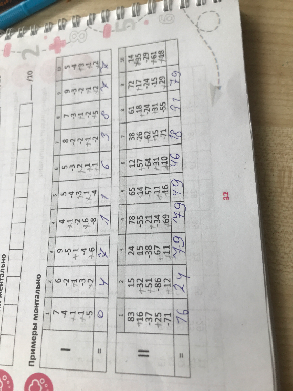 Примеры ментального счета: 1) 7 - 4 + 1 + 1 - 5 = 0; 2) 6 - 2 - 3 + 2 = 4.