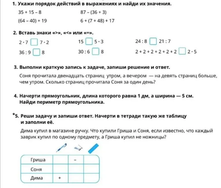 1. Укажи порядок действий в выражениях и найди их значения. 35 + 15 - 8 87 - (36 + 3) (64 - 40) + 19 6 + (7 + 48) + 17