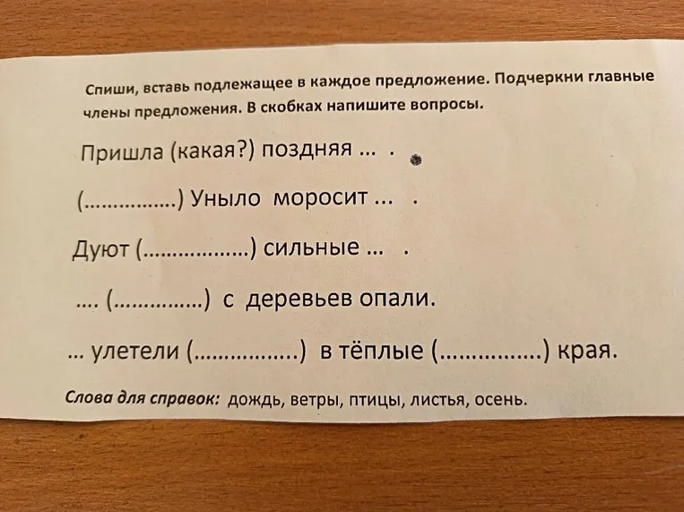 Спиши, вставь подлежащее в каждое предложение. Подчеркни главные члены предложения. В скобках напишите вопросы.