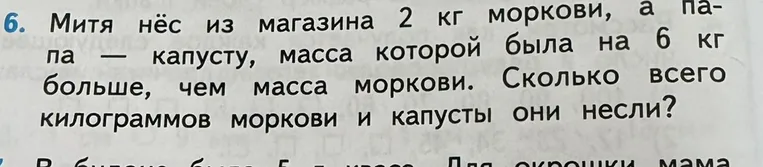 Митя нёс из магазина 2 кг моркови, а папа — капусту, масса которой была на 6 кг больше, чем масса моркови. Сколько всего килограммов моркови и капусты они несли?