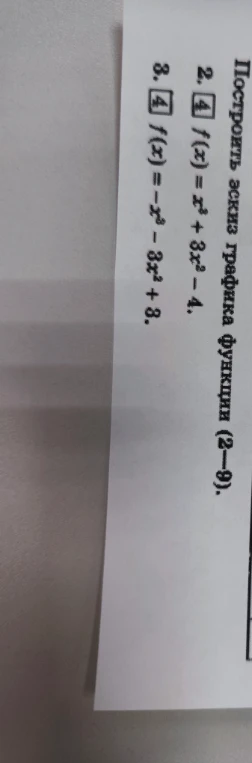 Построить эскиз графика функции (2–9). 2. f(x) = x^3 + 3x^2 - 4. 3. f(x) = -x^3 - 3x^2 + 8.