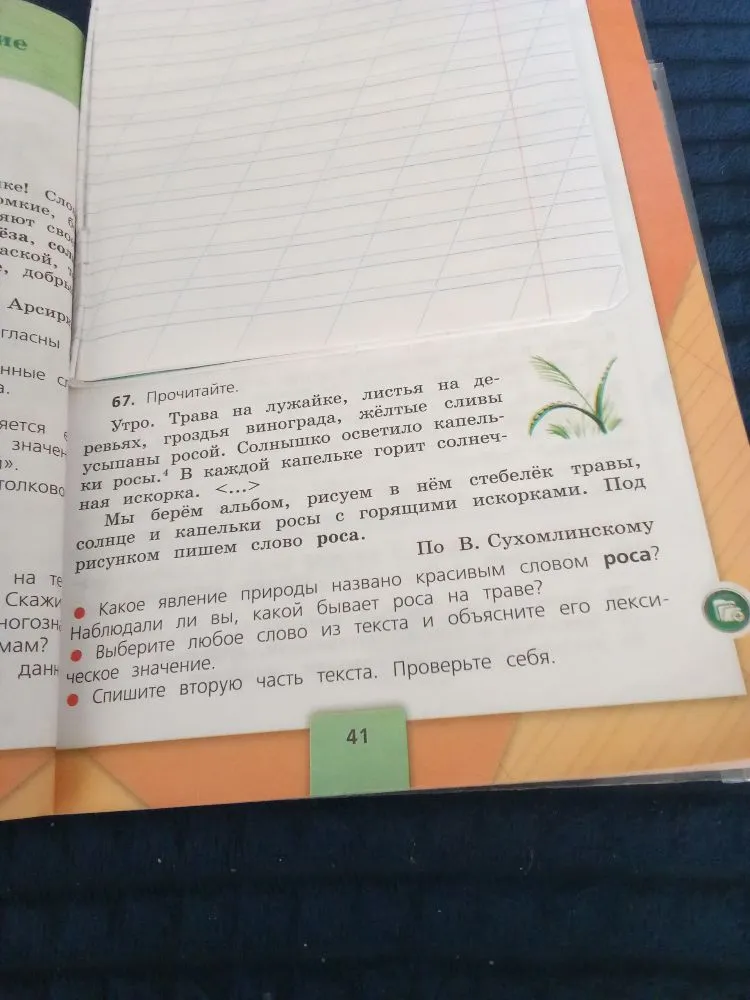 67. Прочитайте. Какое явление природы названо красивым словом роса? Наблюдали ли вы, какой бывает роса на траве? Выберите любое слово из текста и объясните его лексическое значение. Спишите вторую часть текста. Проверьте себя.
