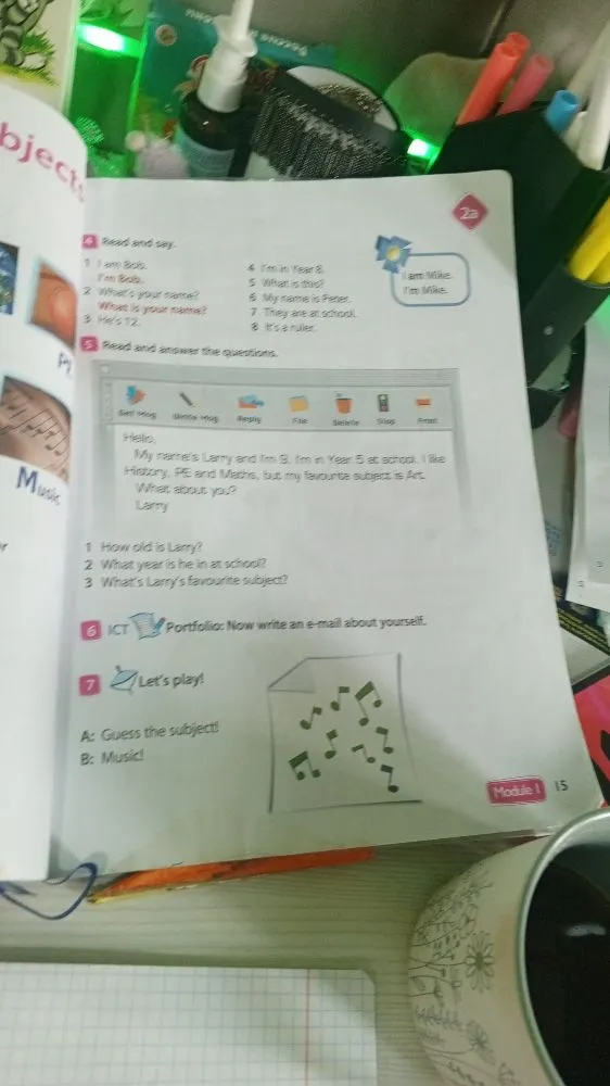 Read and answer the questions. 1 How old is Larry? 2 What year is he in at school? 3 What's Larry's favourite subject?