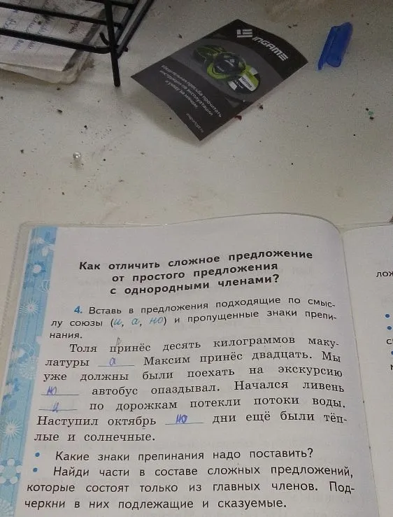 Вставь в предложения подходящие по смыслу союзы (и, а, но) и пропущенные знаки препинания.