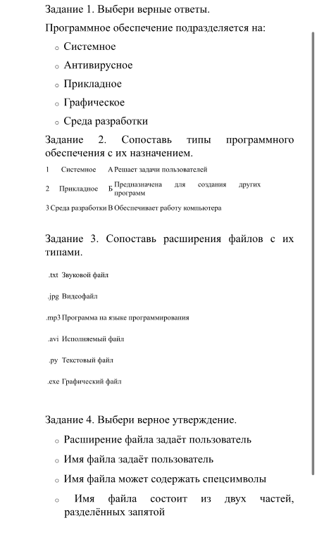 Задание 1. Выбери верные ответы. Программное обеспечение подразделяется на: