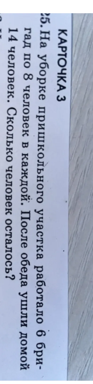 На уборке пришкольного участка работало 6 бригад по 8 человек в каждой. После обеда ушли домой 14 человек. Сколько человек осталось?