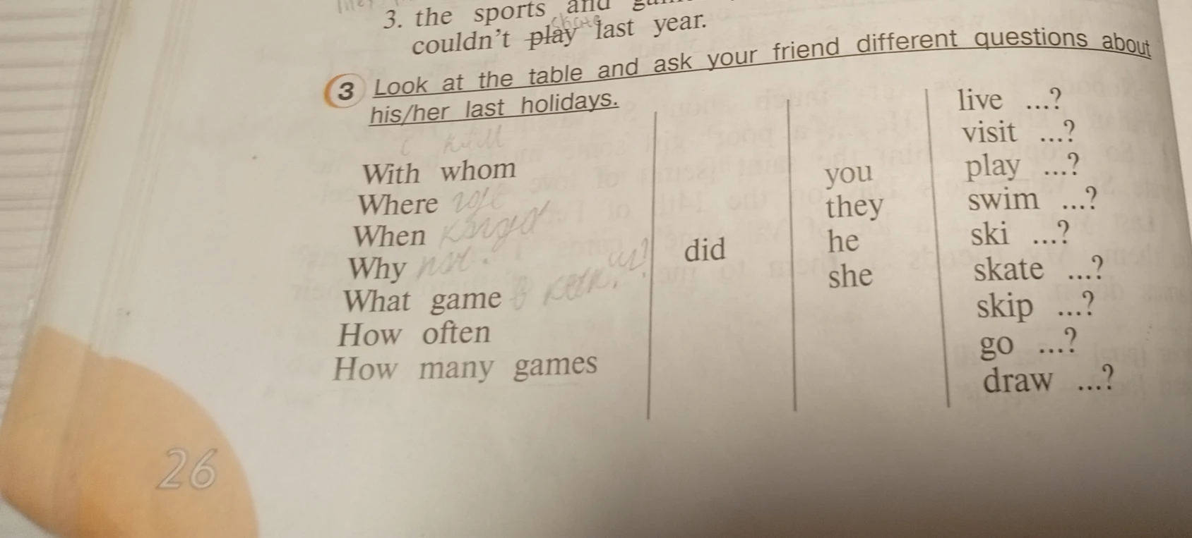 Look at the table and ask your friend different questions about his/her last holidays.