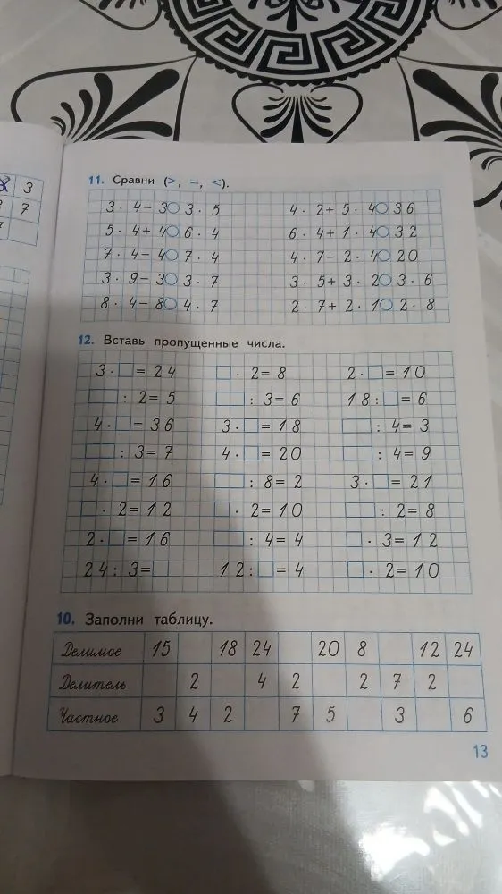 Сравни (>, =, <). Вставь пропущенные числа. Заполни таблицу.