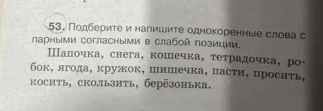 53. Подберите и напишите однокоренные слова с парными согласными в слабой позиции.