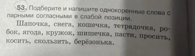 53. Подберите и напишите однокоренные слова с парными согласными в слабой позиции.