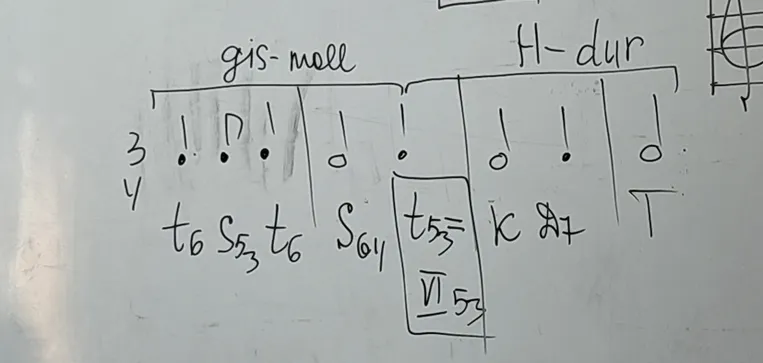 На доске представлен гармонический анализ: gis-moll (t6, S53, t6, S64, t53=VI53) переходящий в H-dur (K64, D7, T).