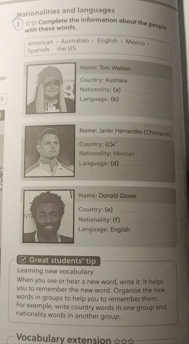 Complete the information about the people with these words.
