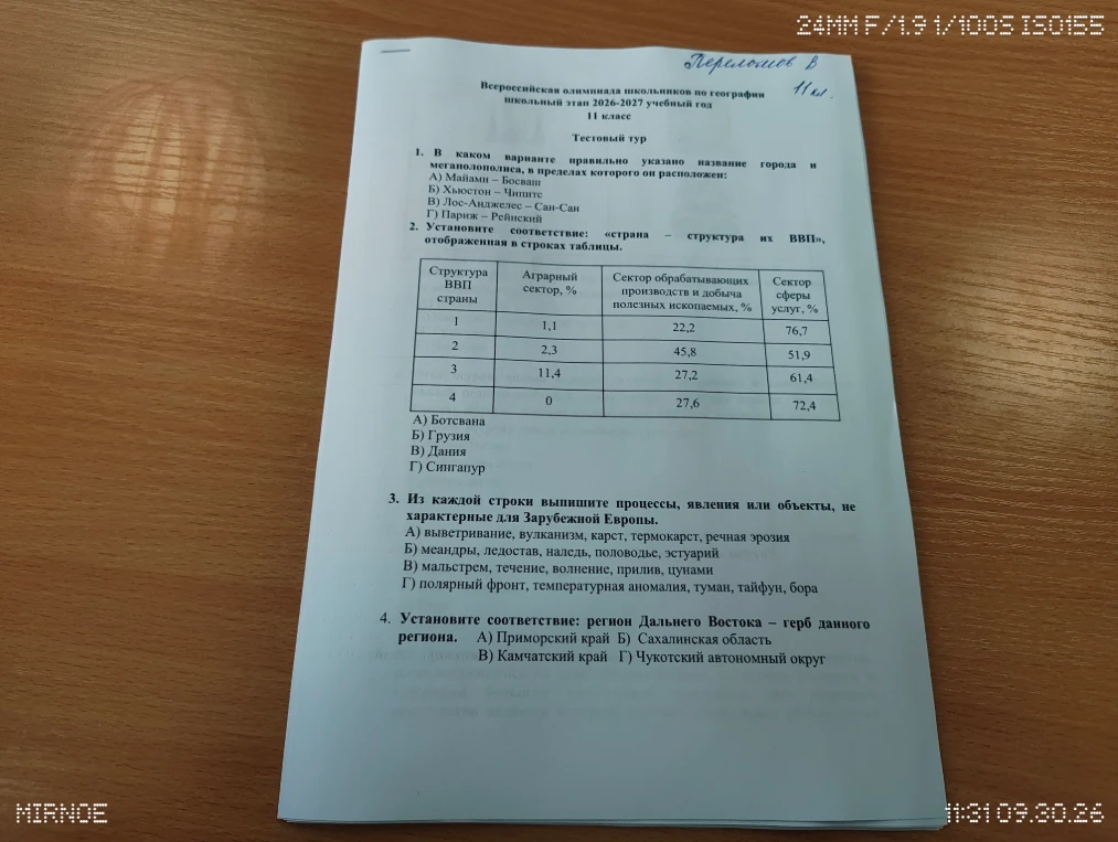 1. В каком варианте правильно указано название города и мегалополиса, в пределах которого он расположен: