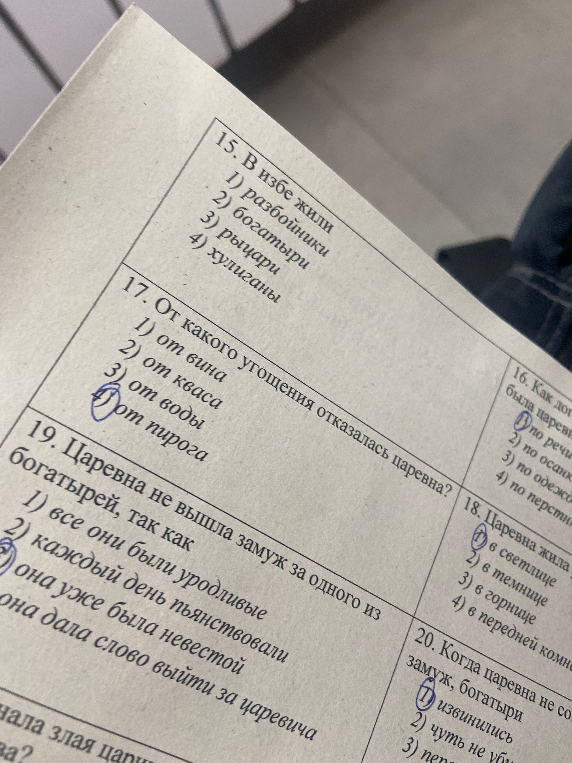 15. В избе жили 1) разбойники 2) богатыри 3) рыцари 4) хулиганы