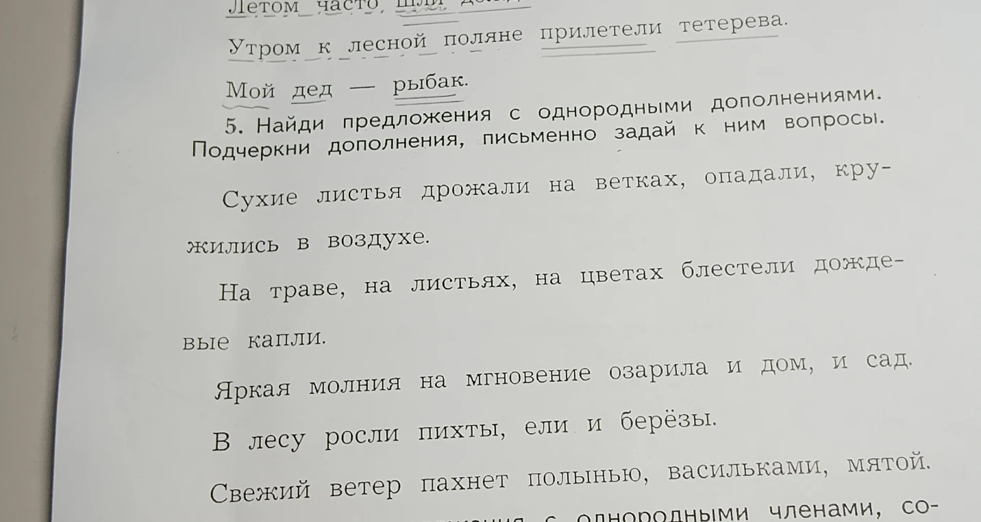 5. Найди предложения с однородными дополнениями. Подчеркни дополнения, письменно задай к ним вопросы.