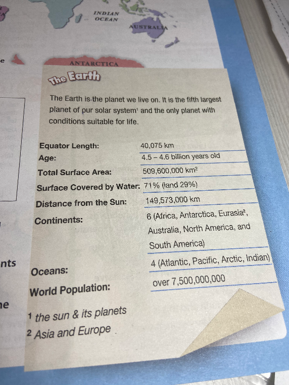 The Earth is the planet we live on. It is the fifth largest planet of our solar system and the only planet with conditions suitable for life.