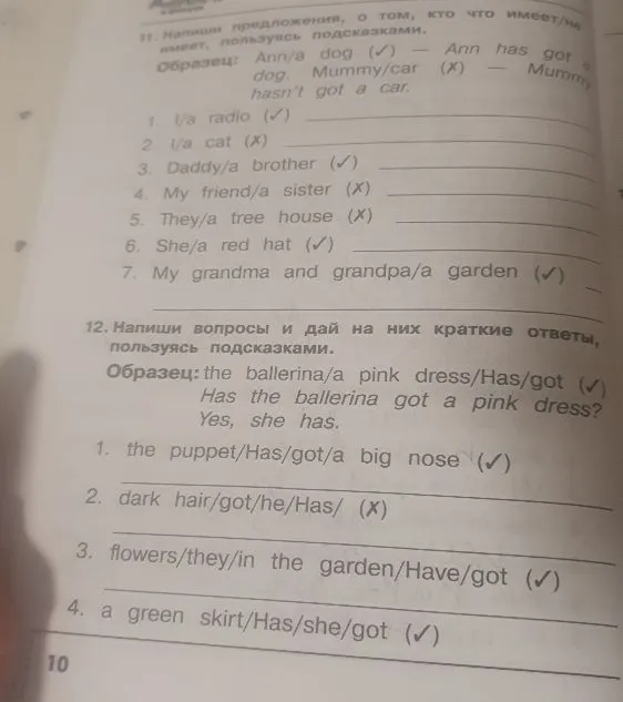 11. Напиши предложения, о том, кто что имеет/не имеет, пользуясь подсказками.