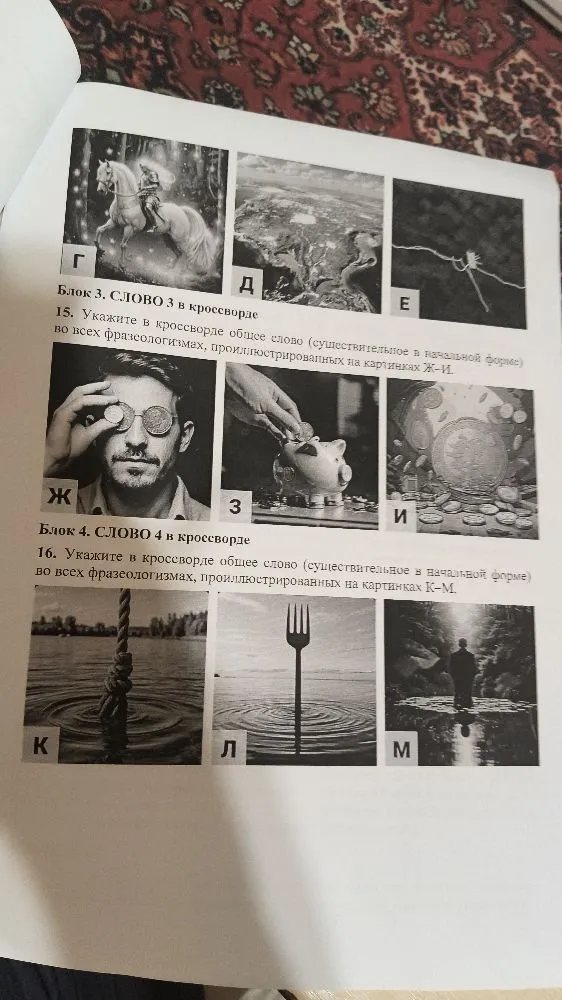 Укажите в кроссворде общее слово (существительное в начальной форме) во всех фразеологизмах, проиллюстрированных на картинках А-В.