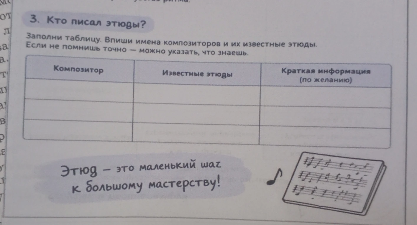 3. Кто писал этюды? Заполни таблицу. Впиши имена композиторов и их известные этюды. Если не помнишь точно — можно указать, что знаешь.