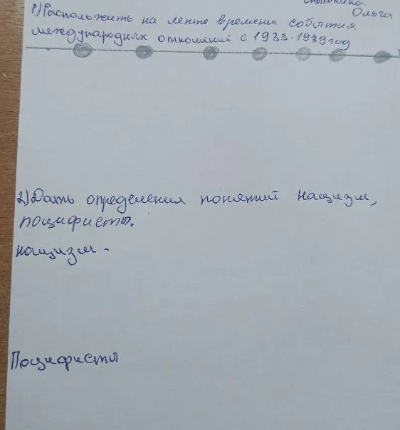1) Расположить на ленте времени события международных отношений с 1933-1939 год. 2) Дать определения понятий нацизм, пацифисты.