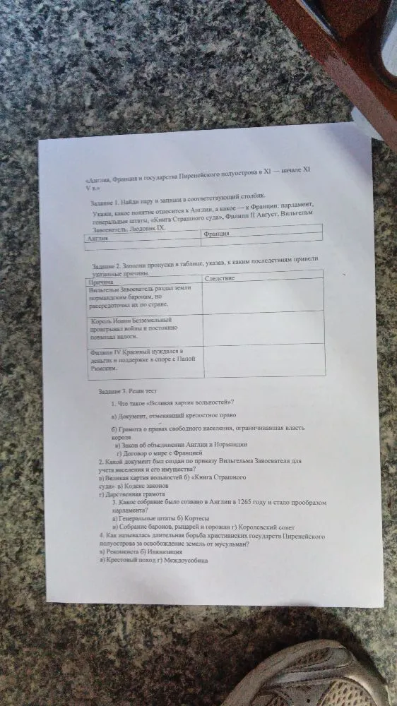 Англия, Франция и государства Пиренейского полуострова в XI — начале XIV вв. Задание 1. Найди пару и запиши в соответствующий столбик.