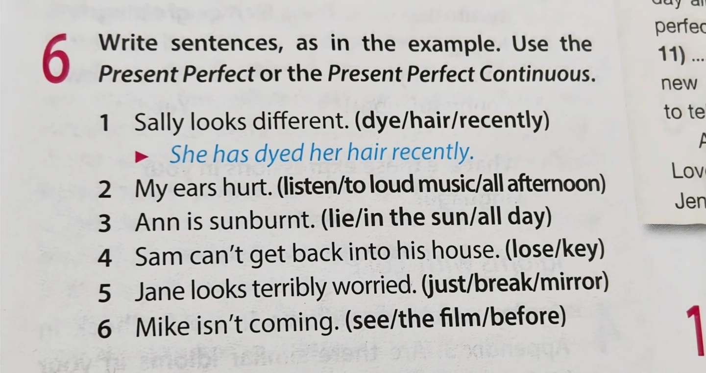 Write sentences, as in the example. Use the Present Perfect or the Present Perfect Continuous.