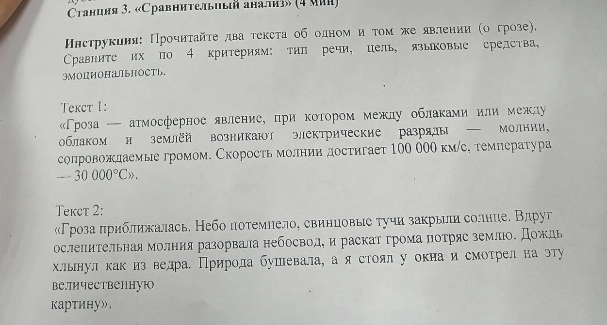 Станция 3. «Сравнительный анализ» (4 мин) Инструкция: Прочитайте два текста об одном и том же явлении (о грозе). Сравните их по 4 критериям: тип речи, цель, языковые средства, эмоциональность.