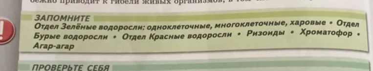 ЗАПОМНИТЕ Отдел Зелёные водоросли: одноклеточные, многоклеточные, харовые • Отдел Бурые водоросли • Отдел Красные водоросли • Ризоиды • Хроматофор • Агар-агар