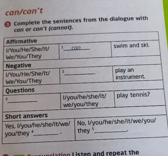 Complete the sentences from the dialogue with can or can't (cannot).