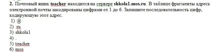 2. Почтовый ящик teacher находится на сервере shkola1.mos.ru. В таблице фрагменты адреса электронной почты закодированы цифрами от 1 до 6. Запишите последовательность цифр, кодирующую этот адрес.